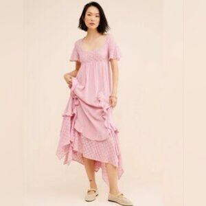 Free People Bring The Romance Midi Dress Pink Lace Boho Prairie